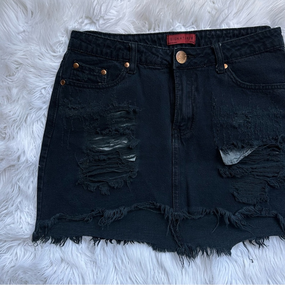 Signature Eight • Black Denim Distressed Mini Skirt - Picture 2 of 11